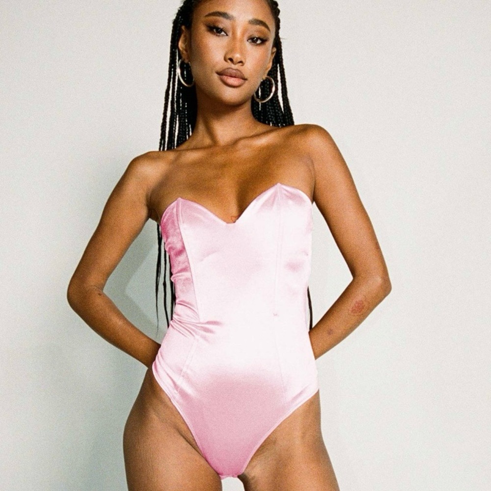 Princess Polly pink satin strapless bodysuit